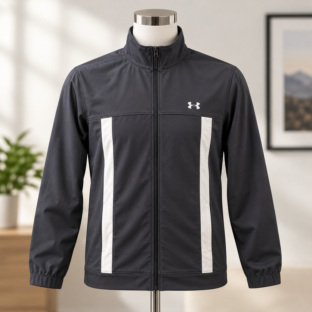 Under Armour Track Jacket Mens XL Black White Stripe Full Zip Loose Fit Athletic
